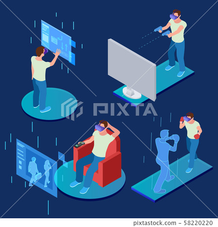 Virtual reality gaming, sporting, relaxing isometric vector concept 58220220