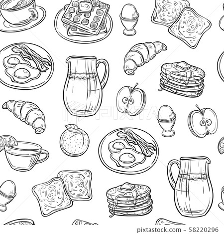 Breakfast doodle pattern. Pancakes jam cheese yogurt sausage tea bread and eggs sketch seamless Breakfast doodle pattern. Pancakes jam cheese yogurt sausage tea bread and eggs sketch seamless 58220296
