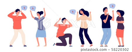 Angry couples. Aggressive conflicted people vector characters. Bullying, mental violence 58220302