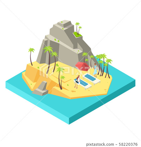Girls relax and work on the island beach - downshifting and freelance isometric vector concept Girls relax and work on the island beach - downshifting and freelance isometric vector concept 58220376