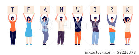 Teamwork concept. Happy employees group standing with teamwork message. Colleagues relationship and Teamwork concept. Happy employees group standing with teamwork message. Colleagues relationship and 58220378