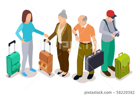Group of tourists, isometric young and old tourists with suitcases vector illustration Group of tourists, isometric young and old tourists with suitcases vector illustration 58220382