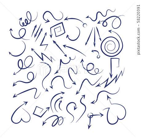 Doodle arrows set. Sketch swirly arrows black hand drawn curved pointer icons isolated on white 58220391