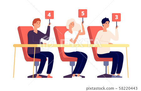 Jury judges. People holding scorecard with numbers, evaluation show competition. Voting verdict 58220443