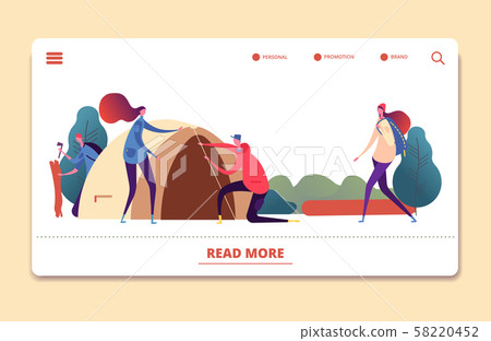 Autumn camping vector landing page. People relaxing in autumn forest web template Autumn camping vector landing page. People relaxing in autumn forest web template 58220452