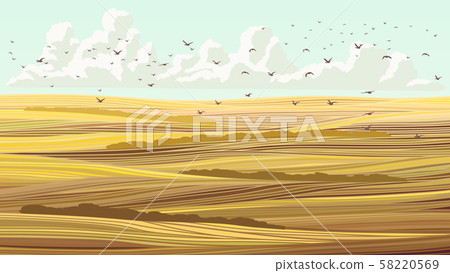 Illustration of autumn field with flock of birds. Illustration of autumn field with flock of birds. 58220569