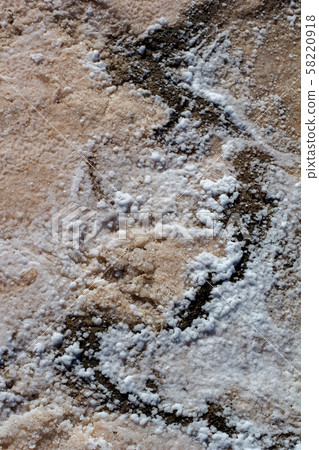 Natural white salt crystal texture on the sand, macro, close up. Salty lake shore background 58220918