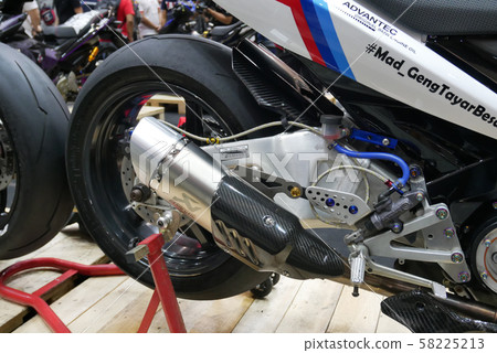 Selective focused of custom exhaust system at the motorcycle. Designed by 3rd party manufacturer to give different experience to the rider.  58225213