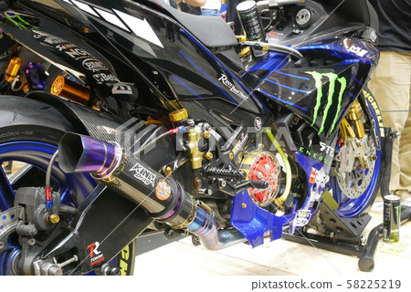 Selective focused of custom exhaust system at the motorcycle. Designed by 3rd party manufacturer to give different experience to the rider.  58225219