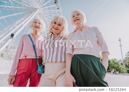 Friendly meeting of old friends in park Friendly meeting of old friends in park 58225264