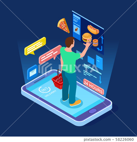 Online food store, man buys food online isometric vector concept