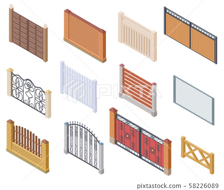 Isometric fence. Gates and farm garden wired security fences metal lattice 3d vector isolated Isometric fence. Gates and farm garden wired security fences metal lattice 3d vector isolated 58226089