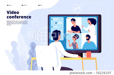 Video conference landing. People on computer screen taking with colleague. Videoconferencing and 58226107