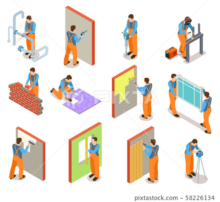 Isometric construction workers. Builder doing various works with material professional equipment Isometric construction workers. Builder doing various works with material professional equipment 58226134