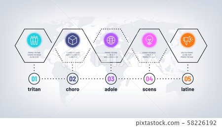 Journey timeline. Process chart with 5 steps. Business options flowchart with numbers. Growth 58226192