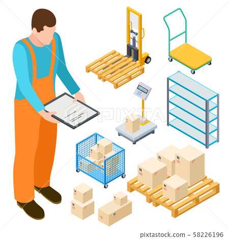 Warehouse equipment, trolley, parcels isometric vector collection 58226196