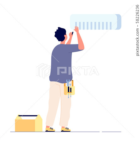 Air conditioner repair. Man technician doing maintenance air conditioners. AC home fixing, house 58226236