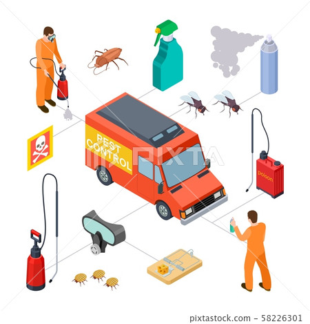 Pest control infographic. Isometric disinfection service. Vector 3D poison, insects, disinfectors Pest control infographic. Isometric disinfection service. Vector 3D poison, insects, disinfectors 58226301