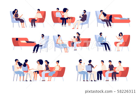 Group therapy. People crowd consulting with psychologist, persons talking to psychotherapist. Family 58226311