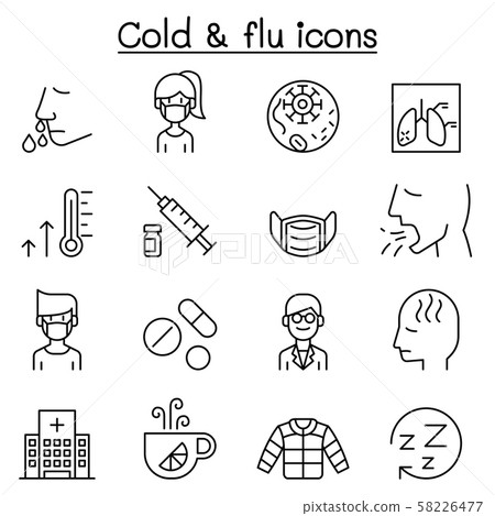Cold, flu, allergy & sick icon set in thin line 58226477