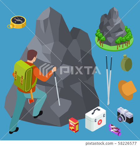 Rock climbing, hiking isometric vector equipments set 58226577