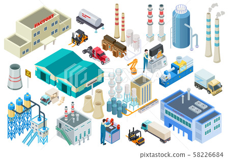 Isometric industrial buildings, workers, delivery trucks, factory and warehouse vector collection Isometric industrial buildings, workers, delivery trucks, factory and warehouse vector collection 58226684