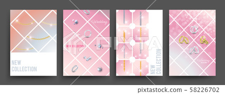 New collection jewelry banners vector template. Gold and silver chains, diamonds, wedding rings 58226702