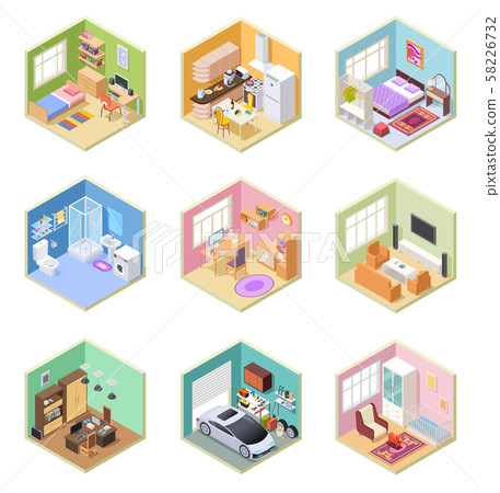 Isometric rooms. Designed house, living room kitchen bathroom bedroom toilet apartment interior with Isometric rooms. Designed house, living room kitchen bathroom bedroom toilet apartment interior with 58226732