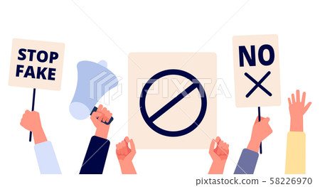 Hands with protests placards. People holding political banners, activists with strike manifestation 58226970