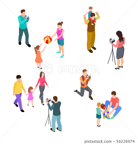 Family photo shoot. Isometric parents with children and professional photographers. Vector 58226974