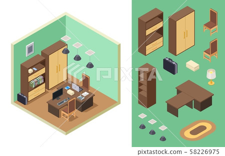 Home office isometric. Vector office room interior with desk, shelf, computer, laptop, chairs Home office isometric. Vector office room interior with desk, shelf, computer, laptop, chairs 58226975