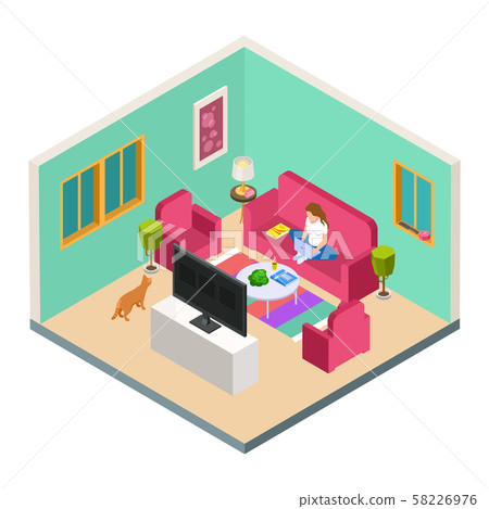 Vector freelance, remote work isometric concept. Woman work from home in living room Vector freelance, remote work isometric concept. Woman work from home in living room 58226976