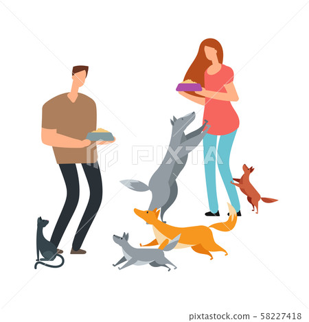Volunteers and homeless dogs and cat vector illustration Volunteers and homeless dogs and cat vector illustration 58227418