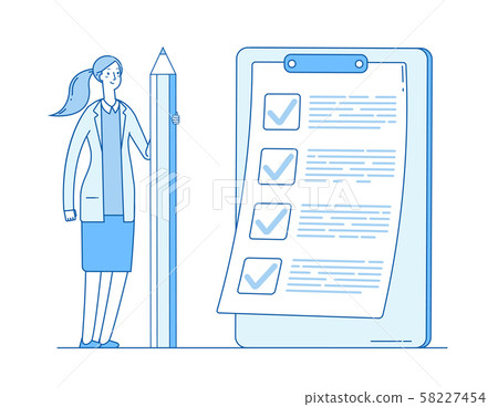 Woman with checklist. Complete business list. Girl holding pencil. Successful task check mark 58227454