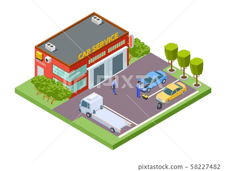Car service location. Isometric service building, vector tow truck, tire fitting illustration Car service location. Isometric service building, vector tow truck, tire fitting illustration 58227482