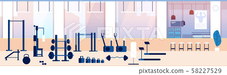 Gym interior. Fitness training room with sports equipment, dumbbells and treadmill. Barbell and Gym interior. Fitness training room with sports equipment, dumbbells and treadmill. Barbell and 58227529