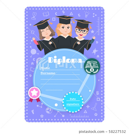 Graduate kids diploma. Preschool kindergarten children graduation certificate. Education cartoon 58227532