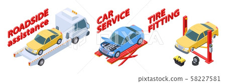 Auto service isometric. Roadside assistance, tire fitting, car repair service vector illustration Auto service isometric. Roadside assistance, tire fitting, car repair service vector illustration 58227581