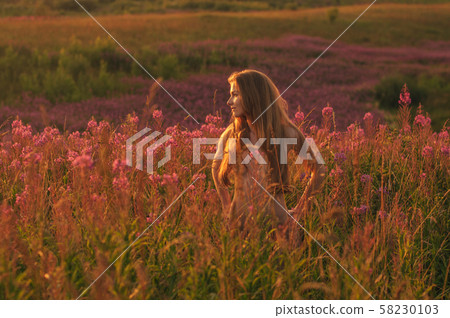 Naked woman staying  among blooming Sally field 58230103
