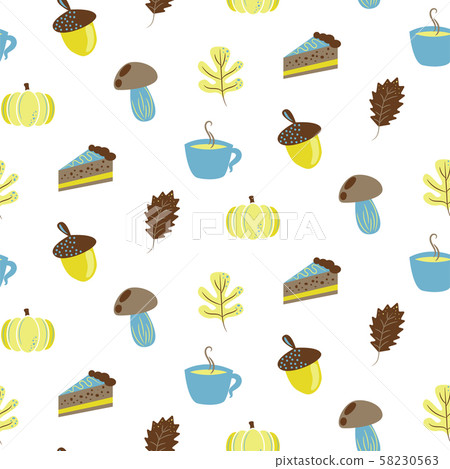 Autumn harvest objects pumpkin, acorn, pie, mushroom and leaves. Fall seamless pattern in blue and Autumn harvest objects pumpkin, acorn, pie, mushroom and leaves. Fall seamless pattern in blue and 58230563