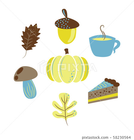 Autumn harvest objects pumpkin, acorn, pie, mushroom and leaves. Fall clip art. 58230564