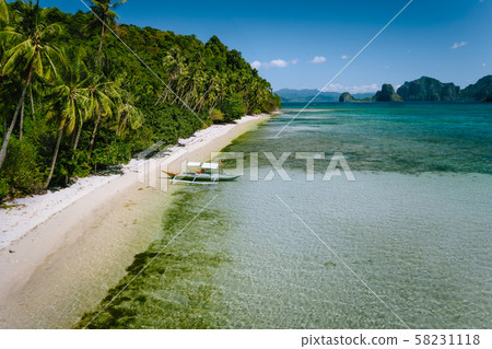 Aerial view of tourist boat at tropical sandy beach with coconut palm trees in El Nido, Palawan 58231118