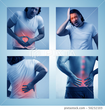 Collage of man suffering from acute pain 58232103