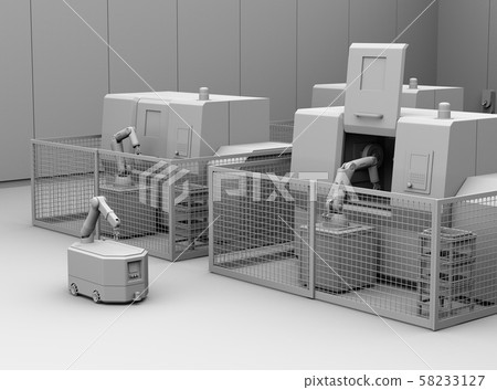 使用AGV自動導引車和加工中心的智能工廠的粘土渲染圖像 58233127
