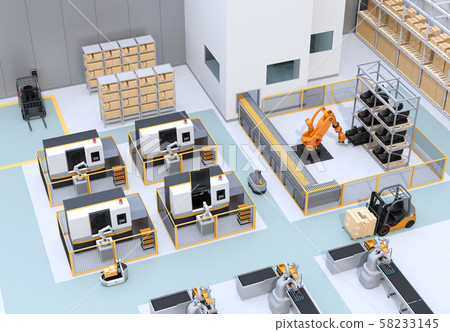 Smart factory with collaborative dual-arm robot, AGV automatic guided vehicle, machining center, and automatic driving forklift 58233145