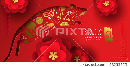 Chinese new year 2020 gold red papercut rat banner 58233555