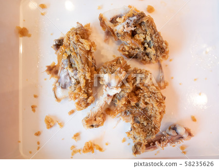 Bones of fried chicken and some scrap on white dish after eating roasted.Food waste, chicken bone waste, scrap chicken bone. Bones of fried chicken and some scrap on white dish after eating roasted.Food waste, chicken bone waste, scrap chicken bone. 58235626