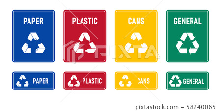 Recycling sings with waste products labels 58240065