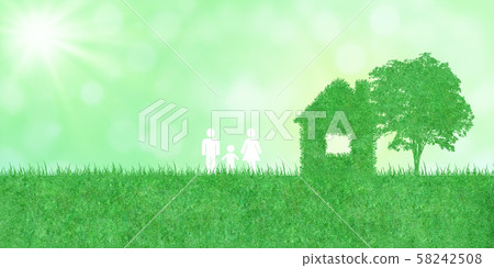 Family and home icon with tree on green artificial grass and sunlight in background. 58242508