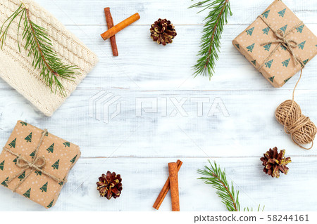 Christmas composition. Christmas decoration on white wooden background 58244161
